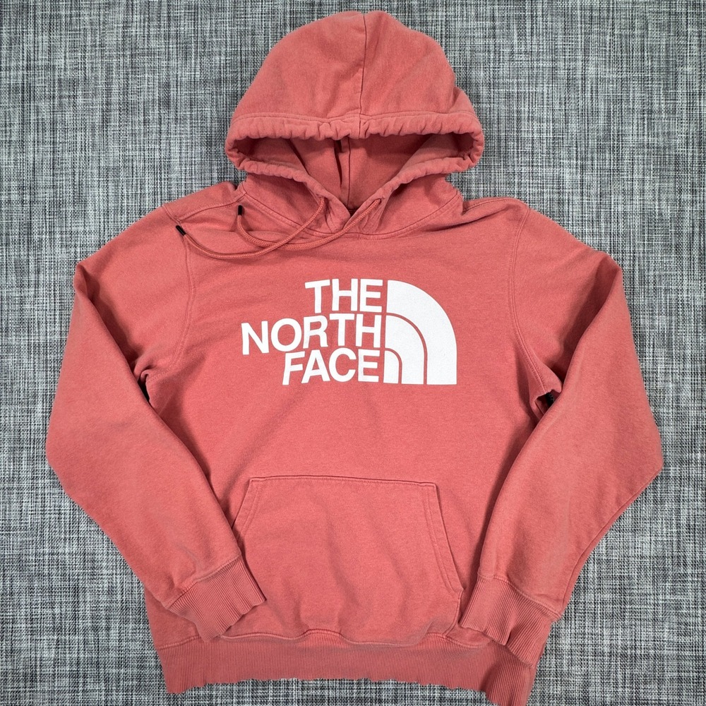 The North Face Mens Medium Hoodie Salmon Pink Half Dome Logo Fleece Pullover
